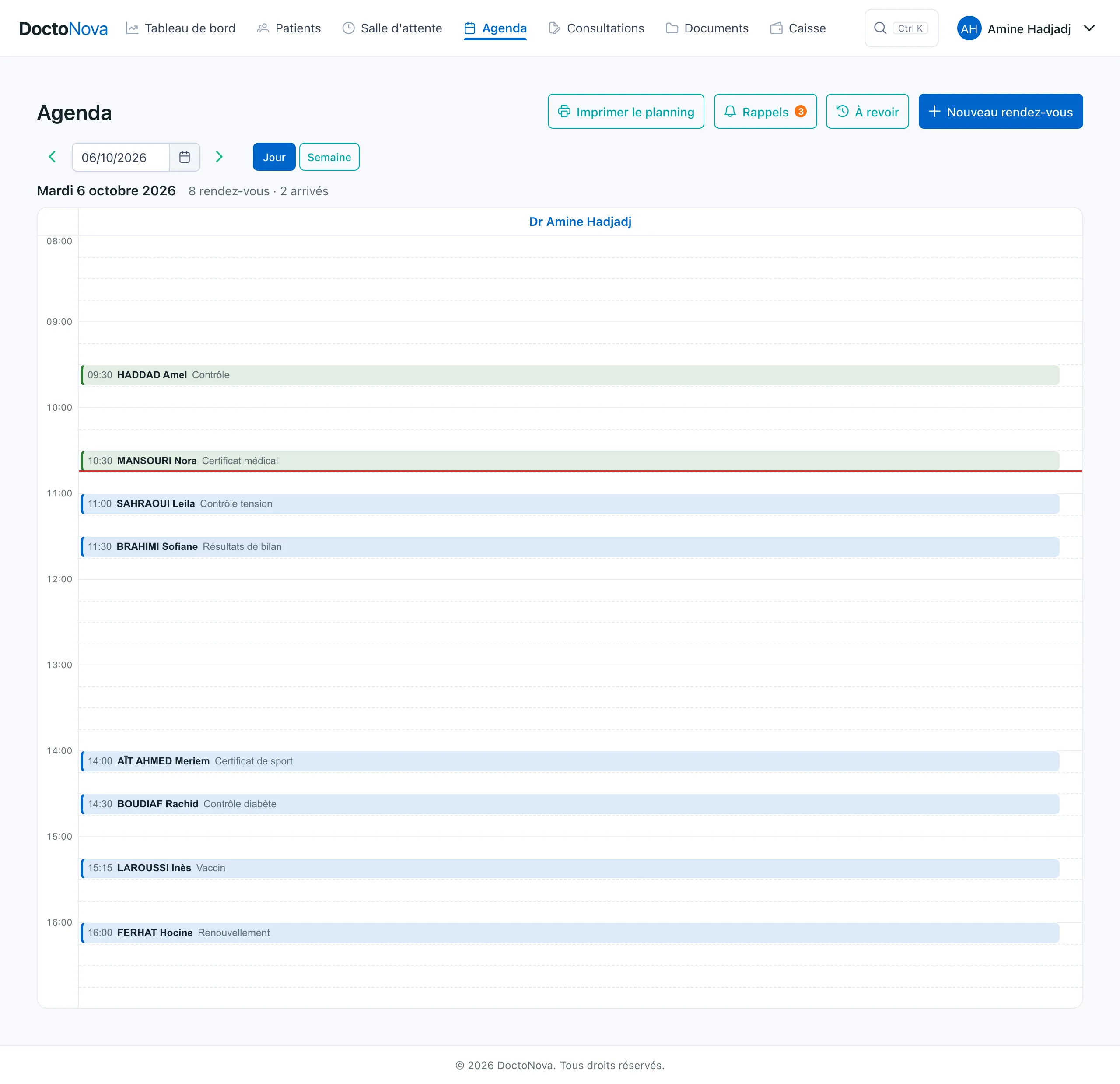 The day's calendar with appointments and the reminders button